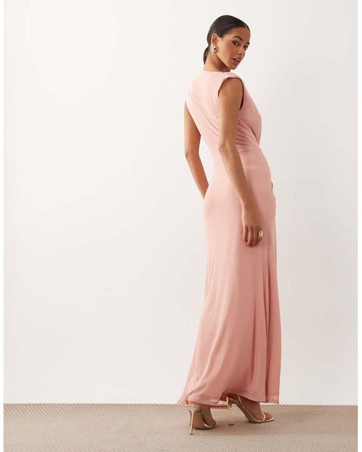 ASOS Pink Mesh Plunge Wrap Detail Maxi Dress