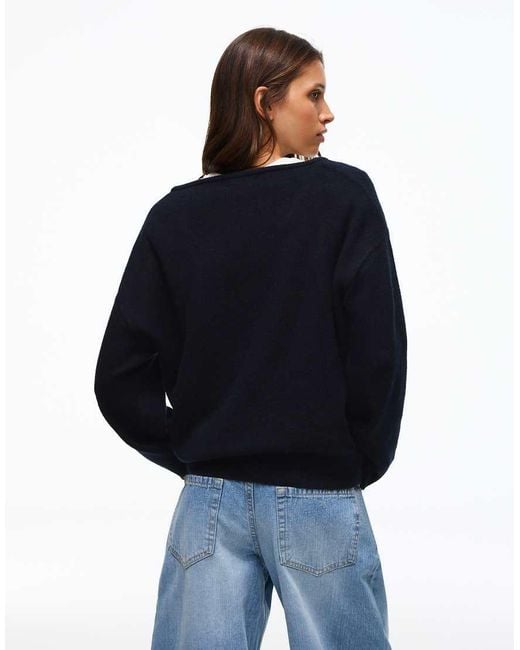 Bershka Blue Oversize V-Neck Jumper
