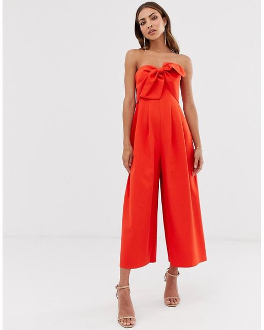 ASOS Red Bandeau Culotte Jumpsuit With Big Bow Detail