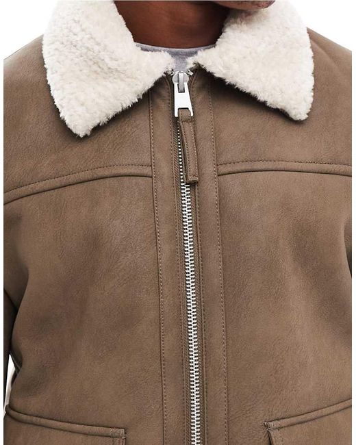 River Island Brown Shearling Faux Nubuck Aviator Jacket for men