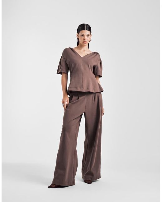 ASOS Brown V Neck Co-ord Twist Shoulder Detail Tee