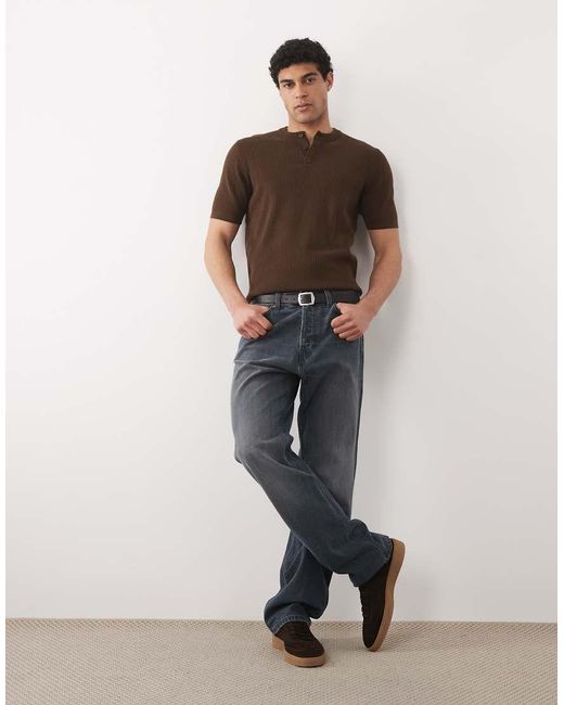 ASOS Brown Essential Fine-rib Knit Henley Neck T-shirt for men