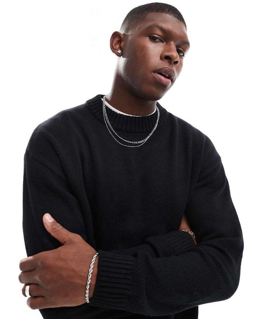 Jack & Jones Black Oversized Chunky Rib Crew Neck Jumper for men