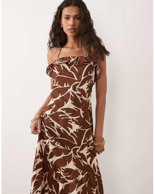 New Look Brown Leaf Print Strappy Midi Dress