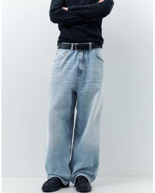 Pull&Bear Blue Embroidered Super Baggy Jeans for men