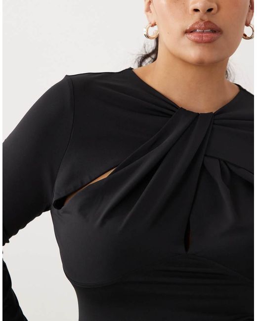 ASOS Blue Asos Design Curve Slinky Cut Out Twist Detail Long Sleeve Top