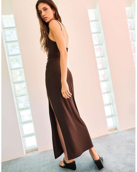 Bershka Brown Gathered Strap Midi Dress