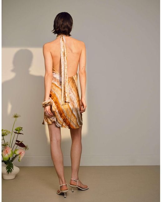TOPSHOP Natural Tie Neck Halter Mini Dress Satin