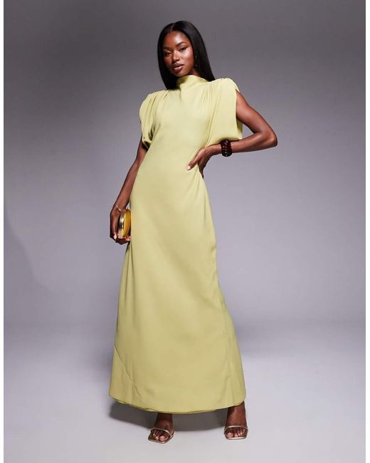 ASOS Green High Neck Satin Shoulder Pad Maxi Dress With Cowl Back