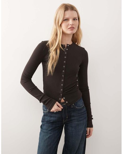 Weekday Black Slim Fit Button Front Long Sleeve Top