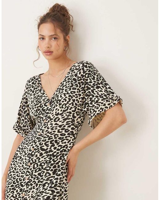 ASOS Natural Roll Sleeve Button Front Midi Tea Dress