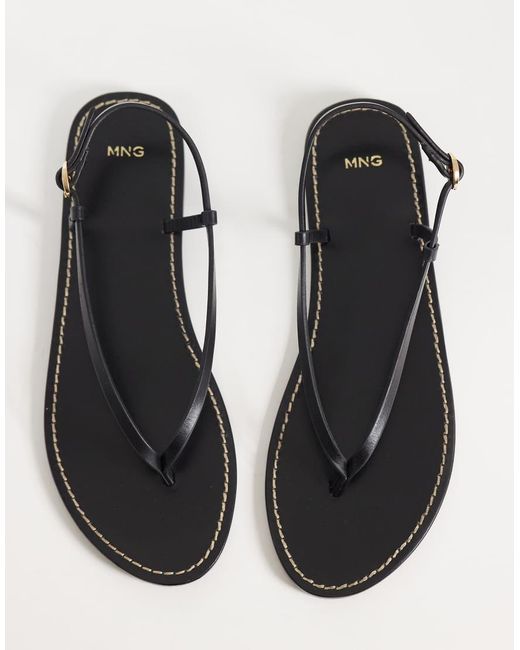Mango Black 100% Leather Strappy Flat Sandals