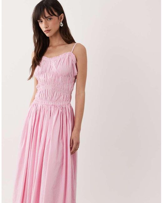 ASOS Pink Shirred Cotton Poplin Maxi Sundress With Dropped Waist
