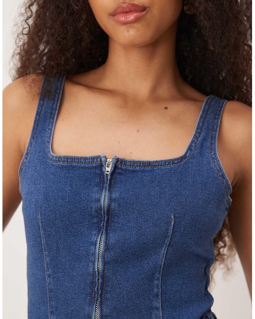 ASOS Blue Square Neck Denim Jumpsuit With Barrel Leg