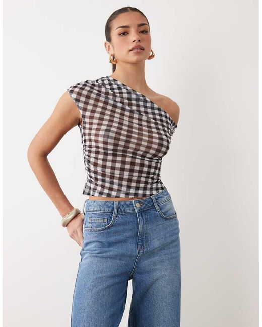 ASOS Gray Sheer Mesh Ruched Off Shoulder Asymmetric Top