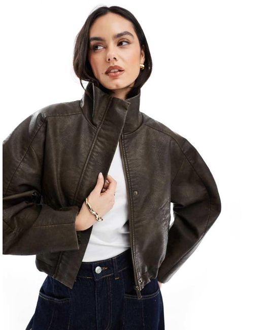 ASOS Black Funnel Neck Textured Leather Look Bomber Jacket