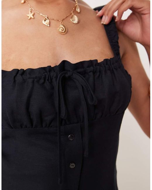 Lioness Blue Heart Shaped Linen Blend Milkmaid Tie Front Button Detail Gathered Skirt Mini Dress