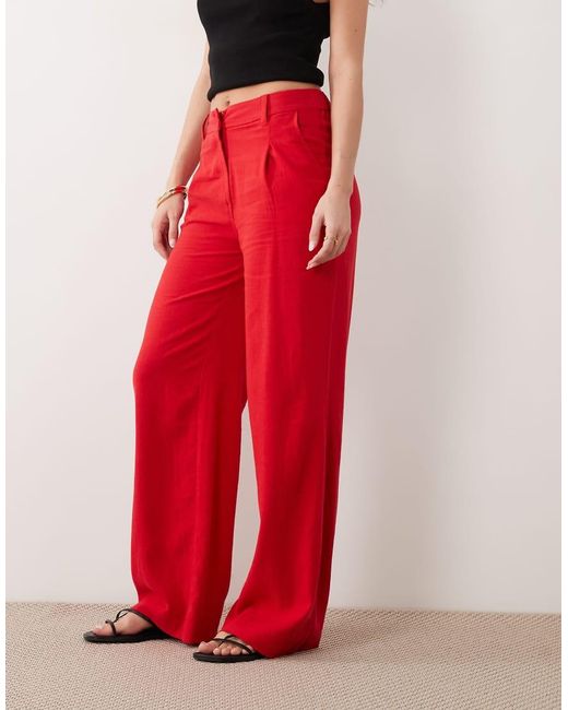 ASOS Red Relaxed Straight Leg Trousers With Linen