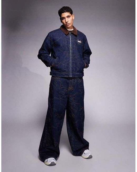 True Religion Blue Dropped Shoulders Embroidered Workwear Jacket for men