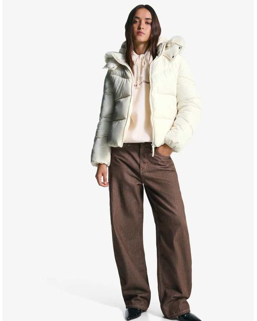 Bershka Natural Puffer Jacket With Faux Fur Hood
