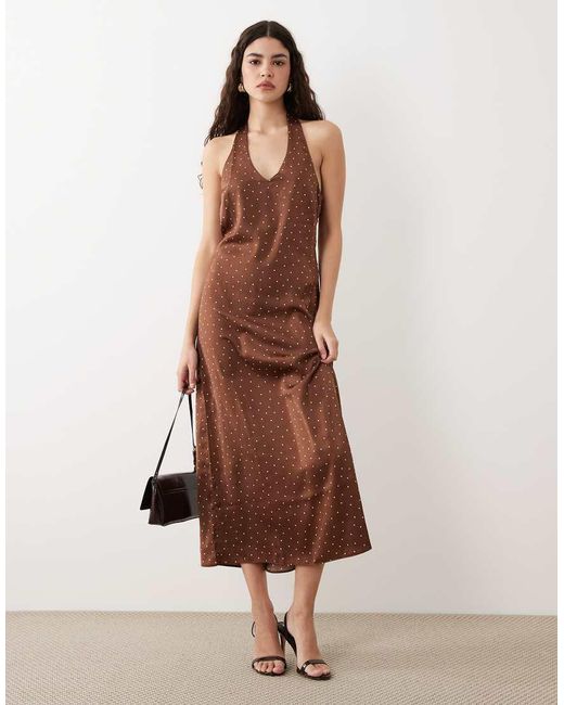 New Look Brown Polka Dot Cowl Neck Halter Satin Midi Dress