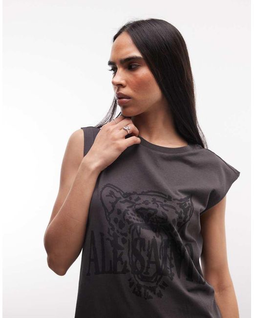 AllSaints Blue Brooke Sleeveless Sun City Logo T-Shirt Mini Dresss