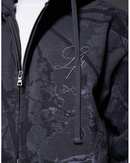 Liquor N Poker Blue Oversized Camo Print Zip Hoodie for men