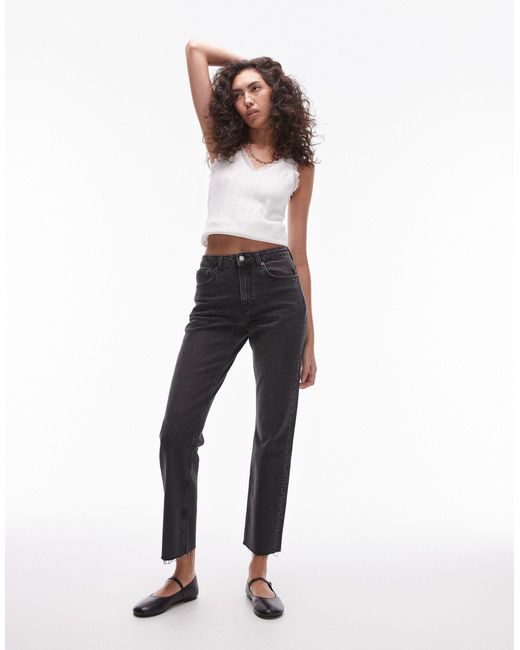 TOPSHOP White Cropped Mid Rise Straight Jeans With Raw Hems