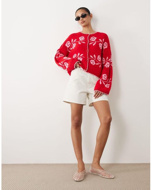 Miss Selfridge Red Knitted Blanket Stitch Cardigan With Florals
