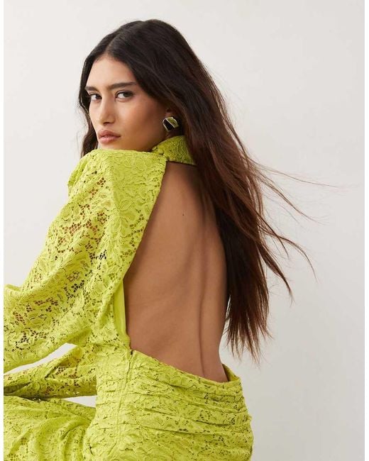 ARRANGE Green High Neck Ruched Cinched Waist Lace Maxi Dress