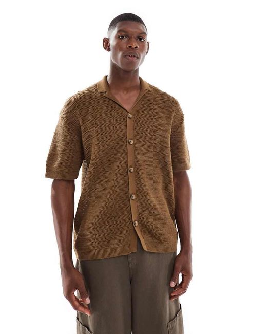 Only & Sons Brown Relaxed Fit Crochet Shirt With Revere Collar for men