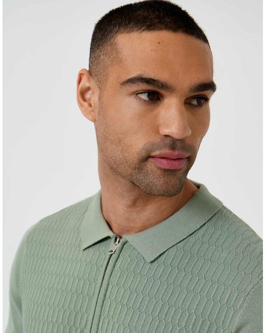 Threadbare Green Textured Knit Quarter Zip Polo for men