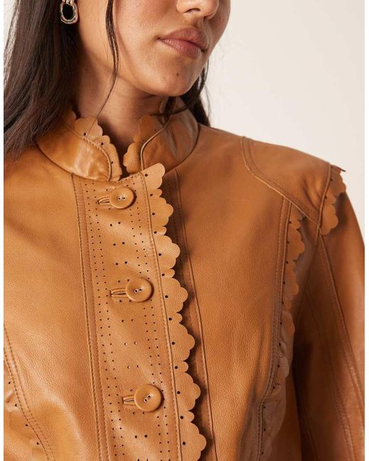 Urbancode Brown Scallop Edge Cropped Leather Jacket