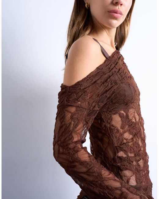 TOPSHOP Brown – langärmliges, schulterfreies spitzenoberteil