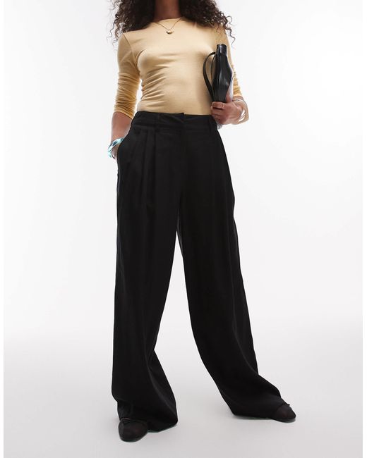 TOPSHOP Black Linen High Waist Double Pleat Trouser