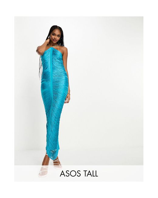ASOS Blue Asos Design Tall Fringe Drape Halter Maxi Dress