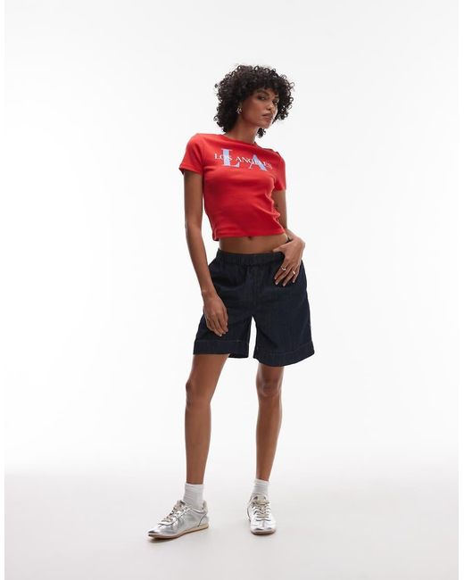 TOPSHOP Red Denim Pull On Shorts
