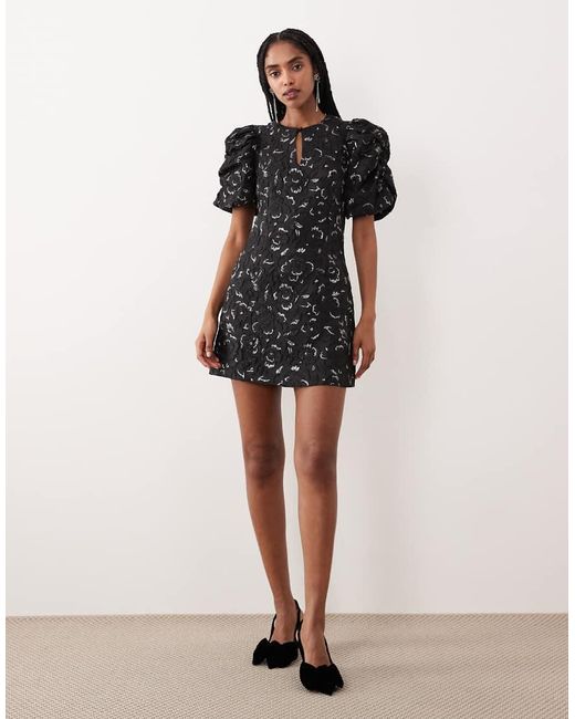 Gina Tricot Black Volume Balloon Sleeve Rose Brocade Mini Dress With Silver Metallic Inserts