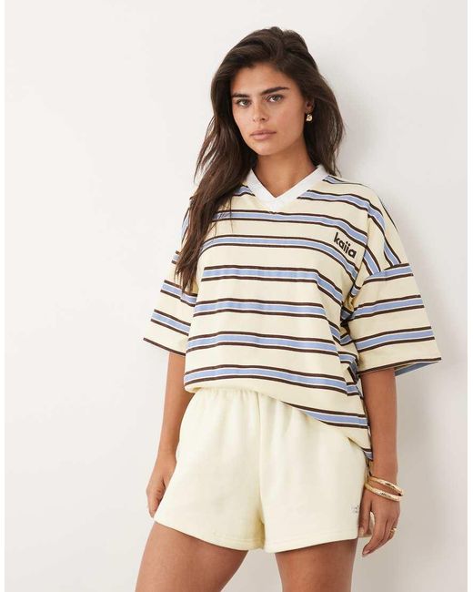 Kaiia Natural Cotton Rich Oversized V-neck Rugby Tee