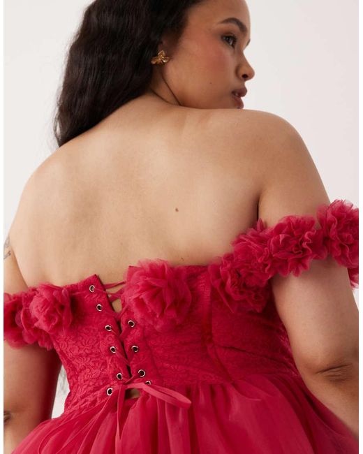 Lace & Beads Plus Red Tulle Bardot Corsage Detail Corset Maxi Dress