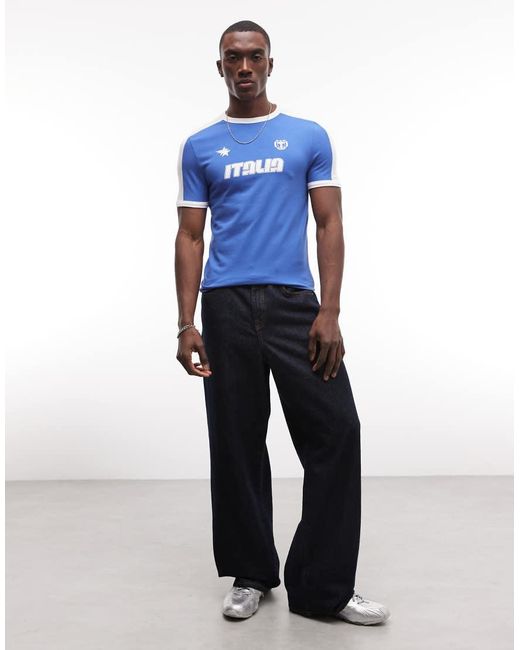 ASOS Blue Muscle Ringer T-shirt With Italia Football Graphic for men