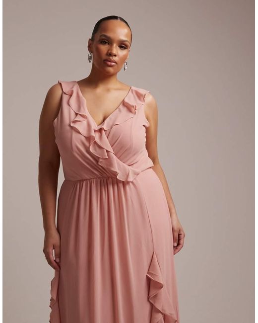 Tfnc Plus Pink Bridesmaid Chiffon V Neck Ruffle Maxi Dress
