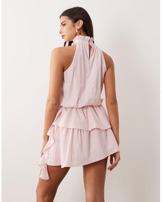 Aria Cove Pink High Neck Frill Detail Tiered Mini Dress
