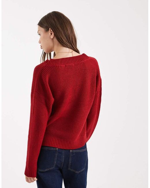 Brave Soul Red Deep V Neck Fisherman Knit Jumper