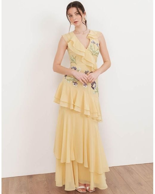 Maya Natural Embellished Asymmetric Ruffle Maxi Dress