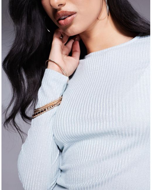 ASOS White Glitter Mesh Rib Semi Sheer Long Sleeve Top