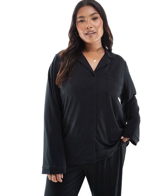 Loungeable Blue Curve Super Soft Jersey Revere Top And Wide Leg Pants Pyjama Set With Piping Detail