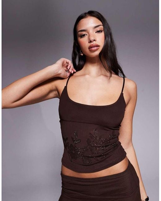 Tiger Mist Black Octavia Cami Scoop Neck Mesh Rhinestone Floral Top