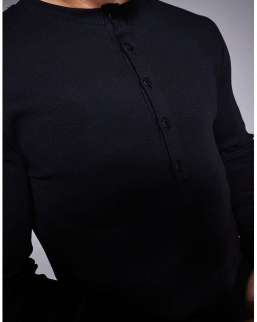 ASOS Black Muscle Fit Long Sleeve T-shirt With Henley Neck for men