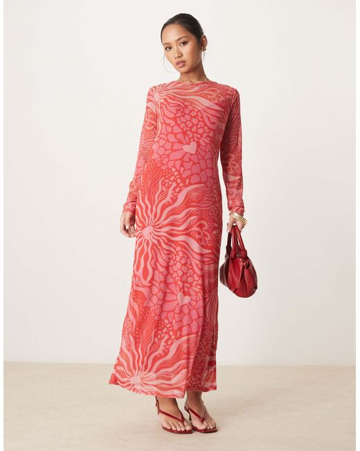 Never Fully Dressed Red Petite – langärmliges midaxi-kleid aus netzstoff